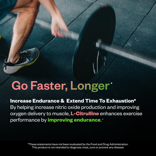 Person lifting a barbell with text about L-Citrulline's benefits on a dark background