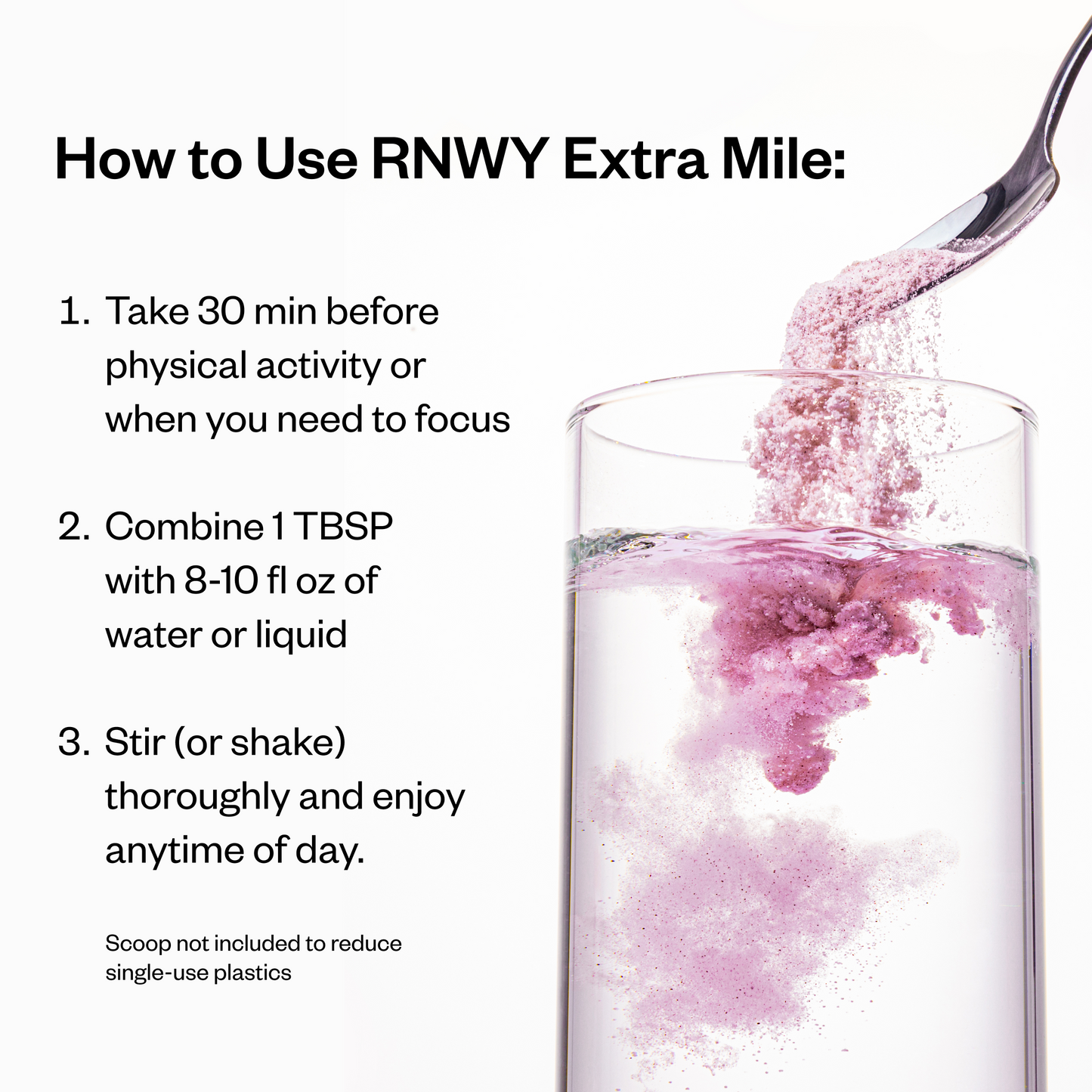 Instructions on how to use RNWY Extra Mile with a glass of water and pink powder being added.