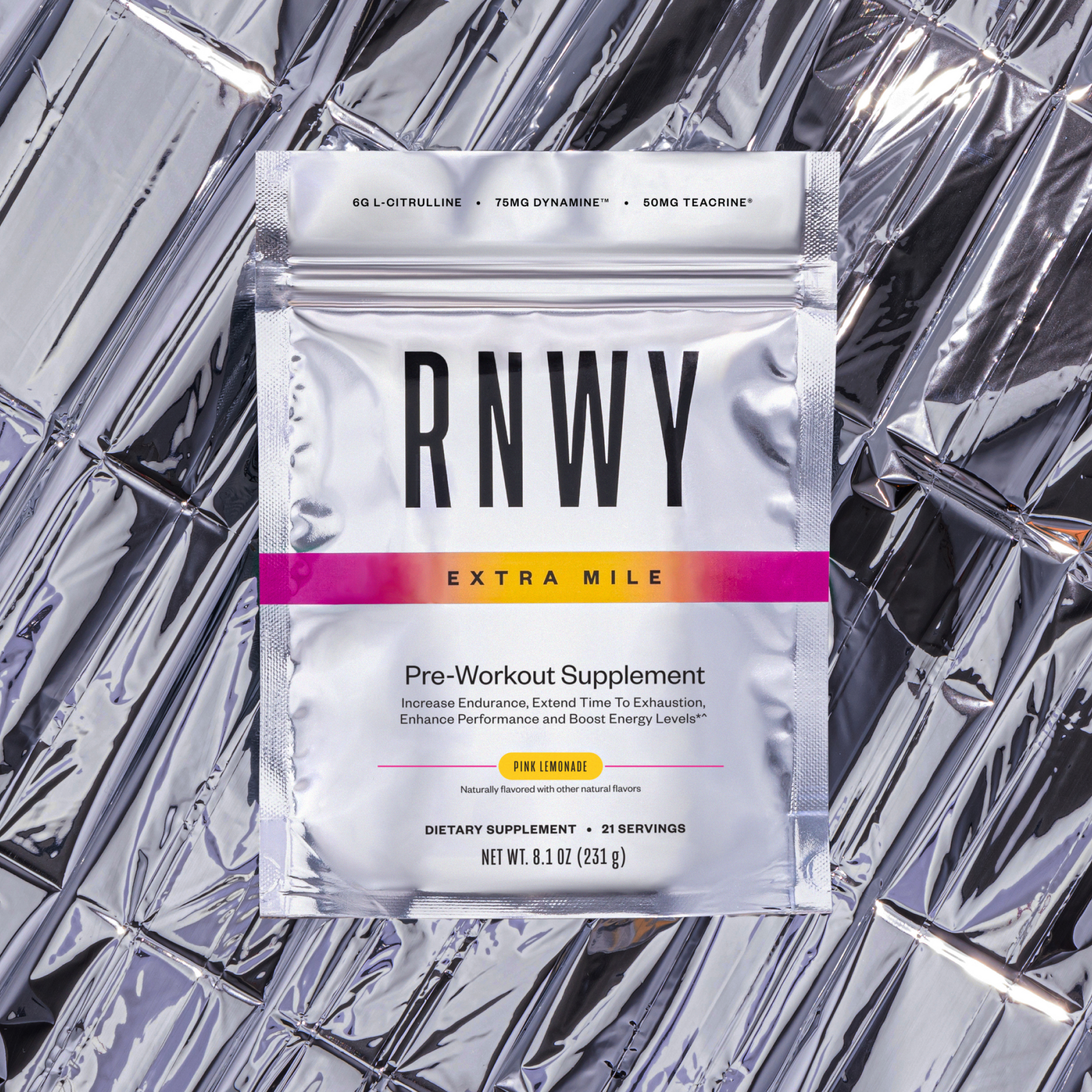 RNWY pre-workout supplement package on a reflective silver background