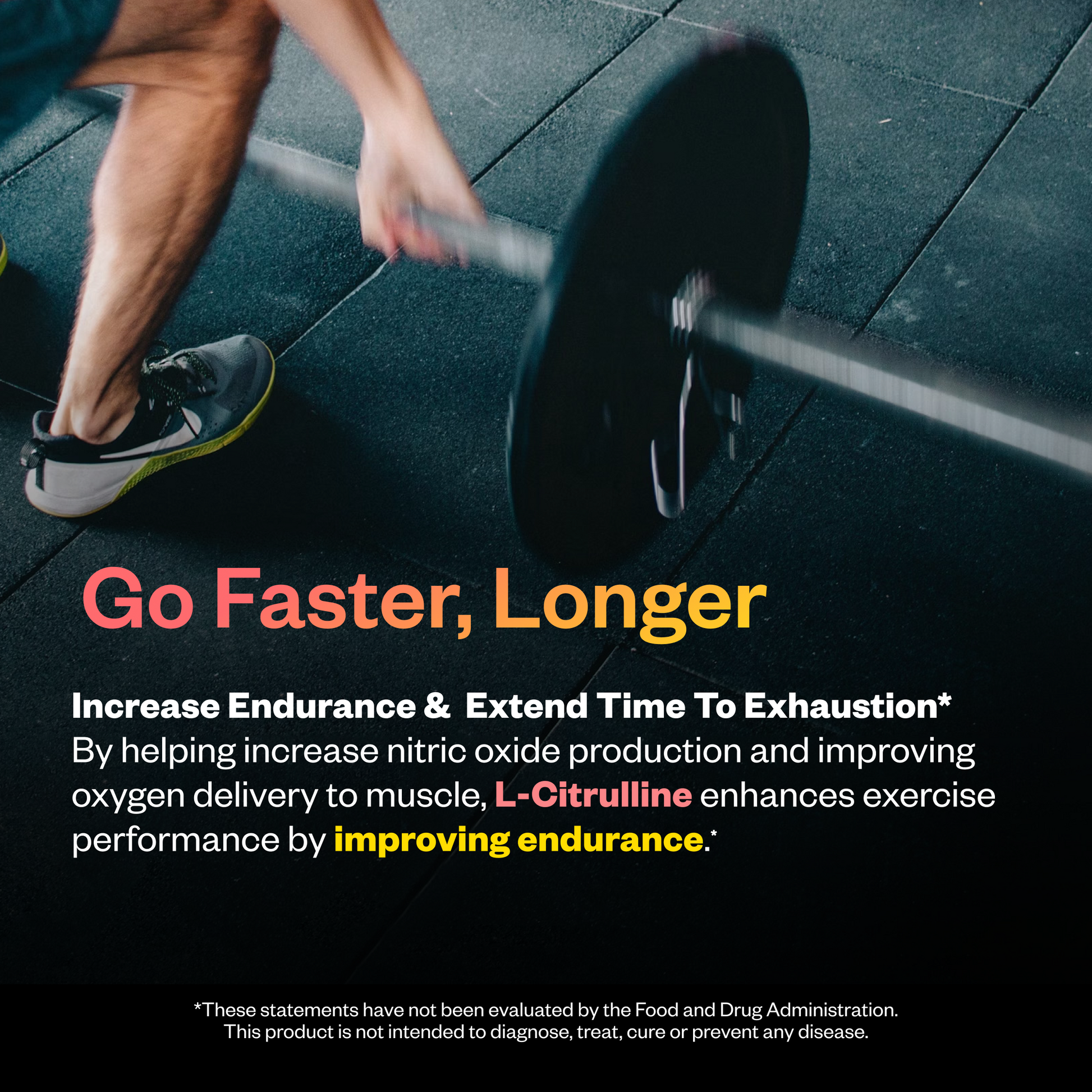 Person lifting a barbell with text about L-Citrulline's benefits on a dark background