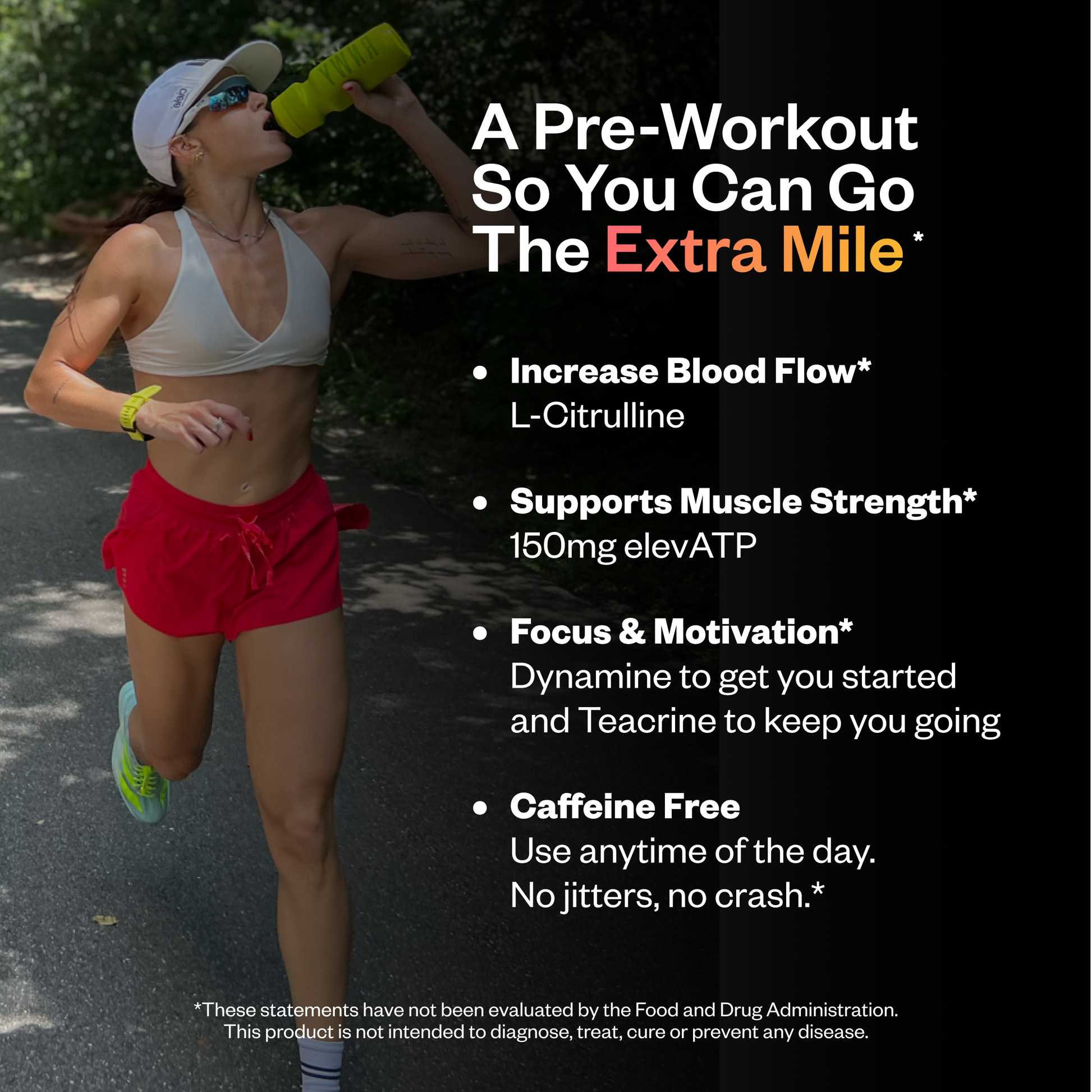 Woman running outdoors with a supplement bottle, promotional text about pre-workout supplement benefits.