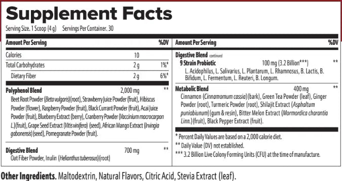 Supplement facts label with detailed nutritional information on a white background