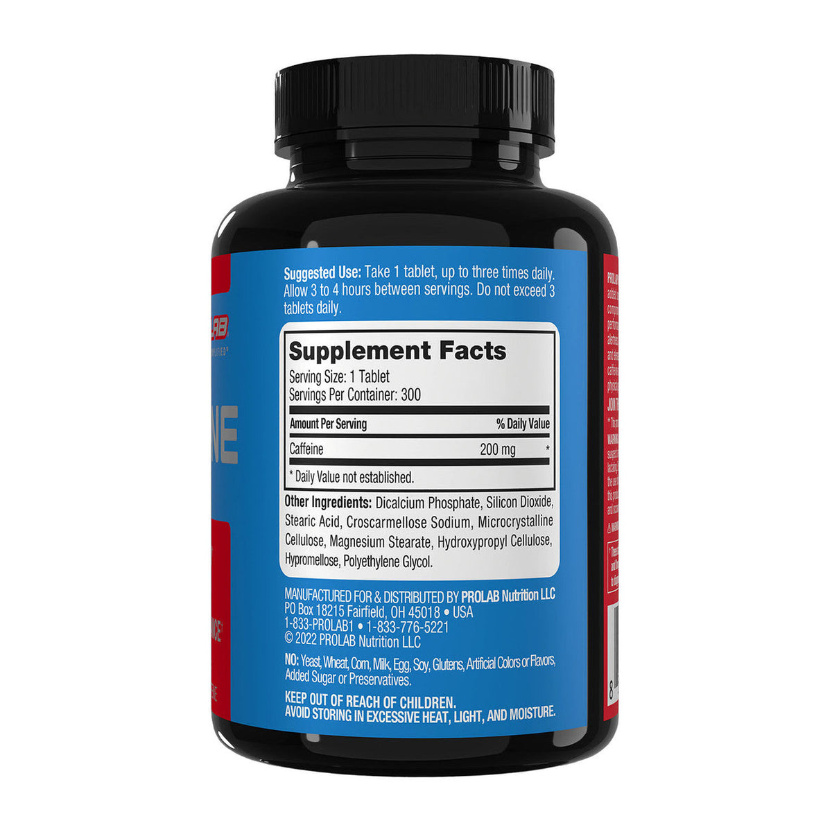 A black plastic supplement bottle with a black ribbed cap, featuring a blue label with white text. The label displays the Supplement Facts panel, showing 300 mg of Calfine per serving.