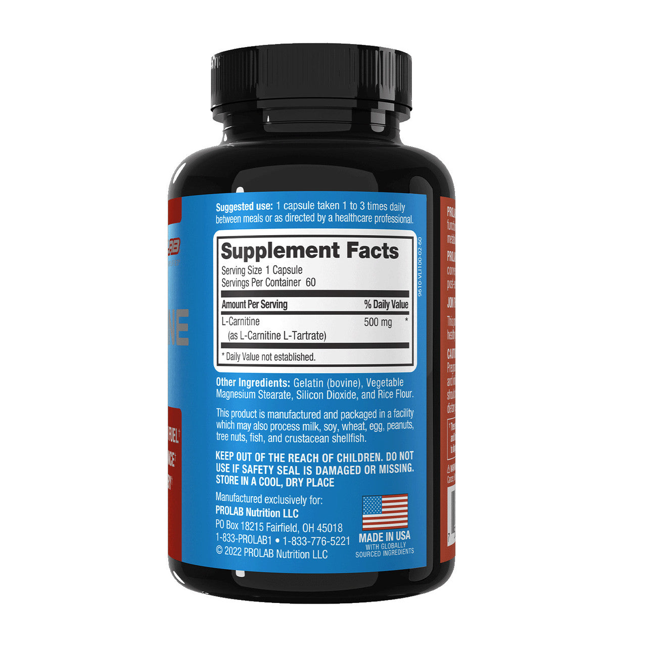 A black plastic bottle of ProLabs Nutrition L-Carnitine supplement with a black cap, showing the blue and white Supplement Facts label on a white background.