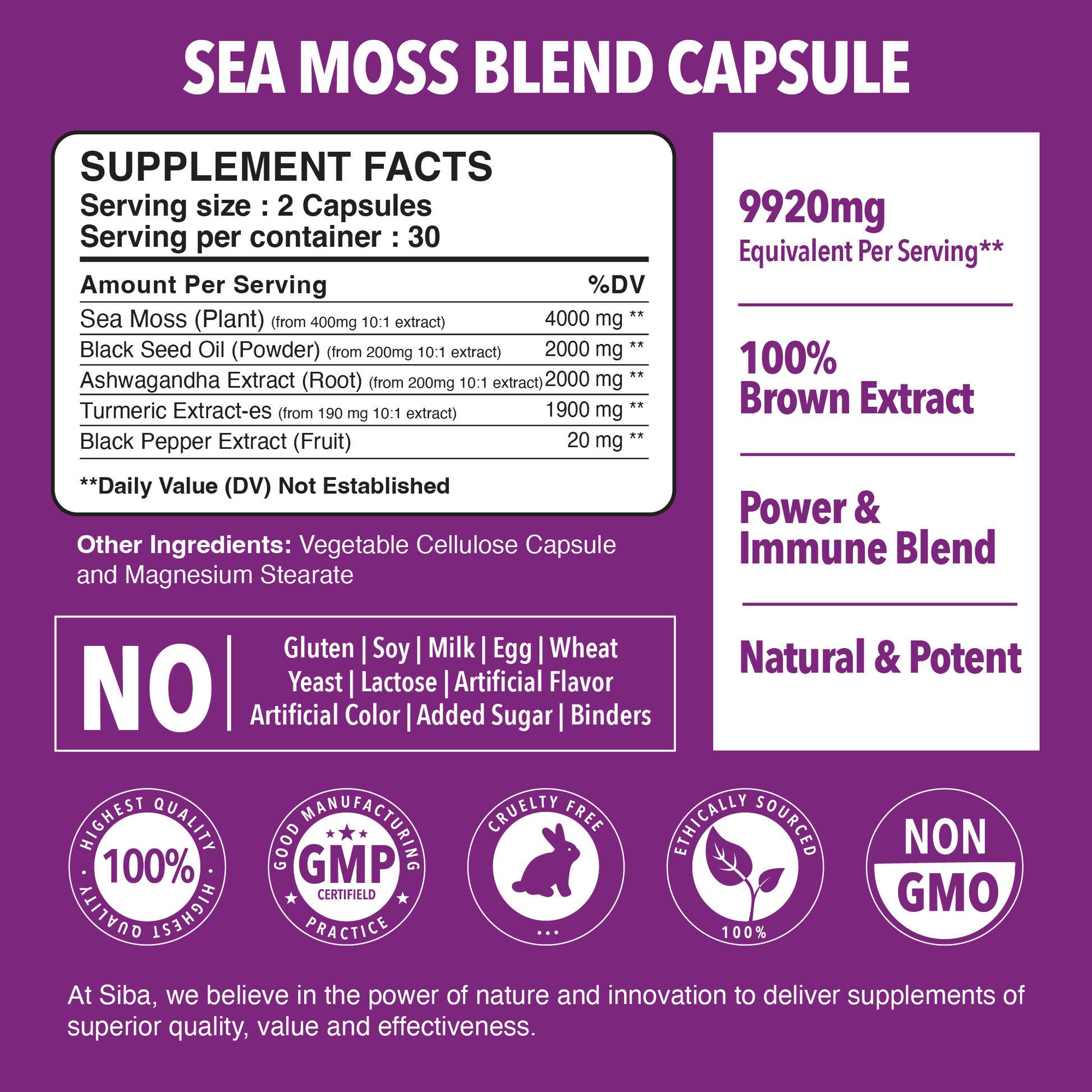 Sea Moss Blend Capsule supplement facts label on a purple background