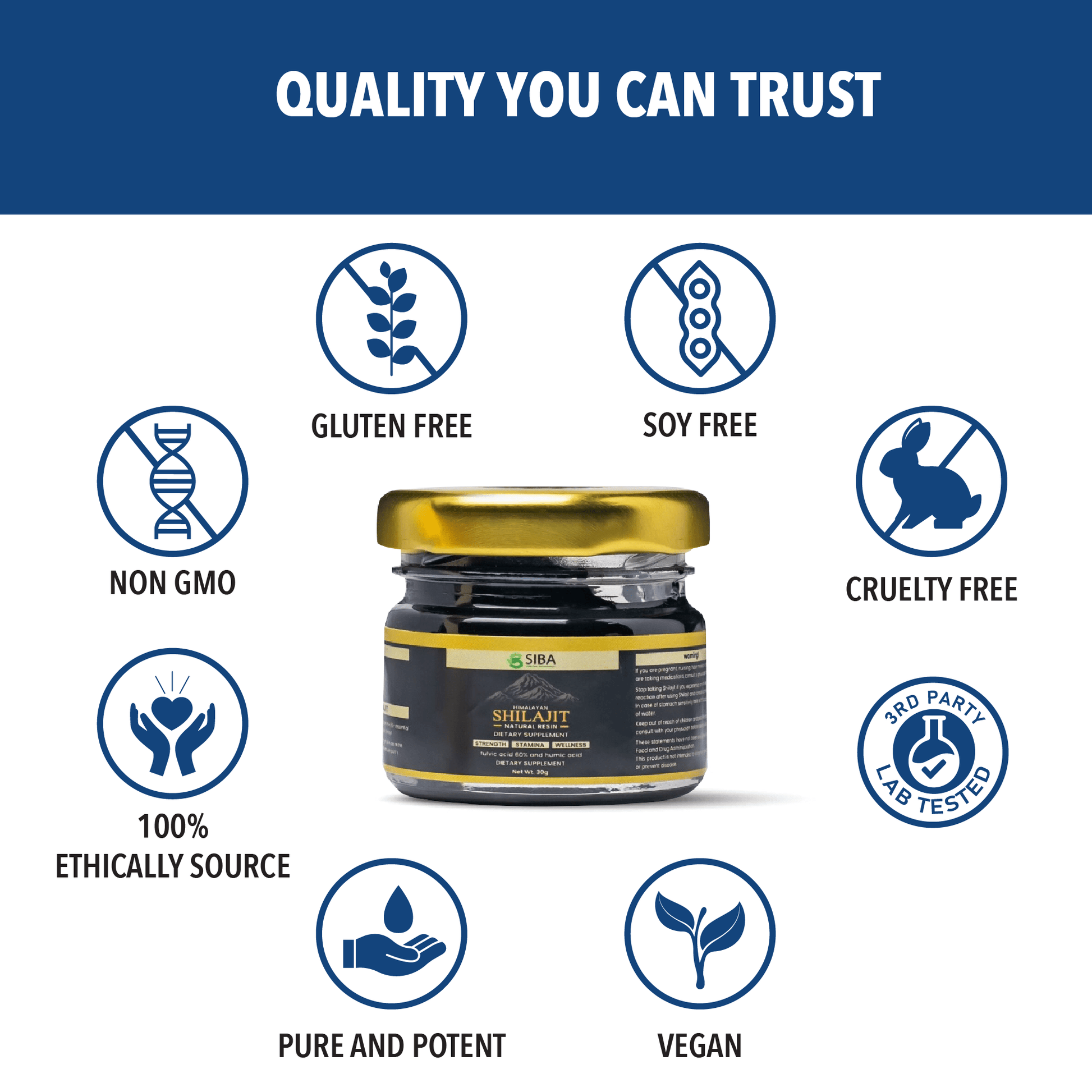 Jar with certification icons for quality attributes on a white background