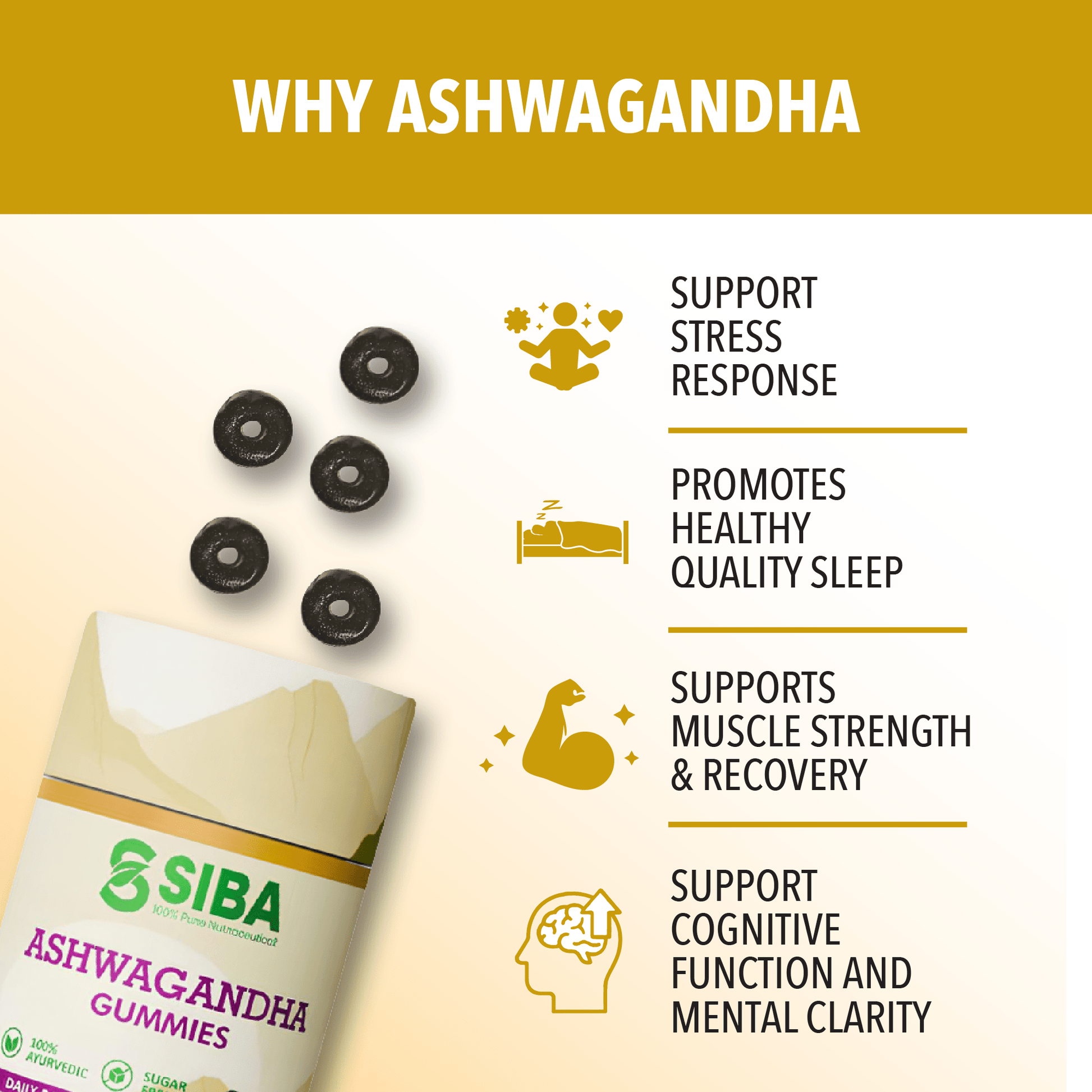 SIBA Ashwagandha gummies packaging with health benefits listed on a beige background