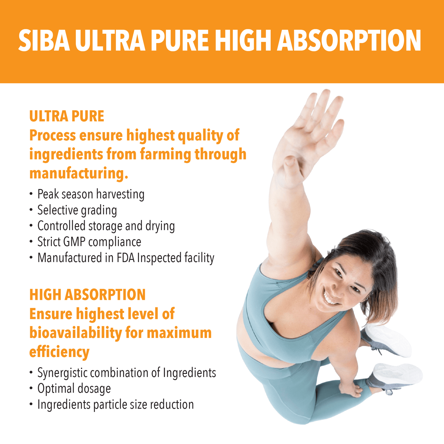 Advertisement for Siba Ultra Pure High Absorption with a woman exercising on a white background