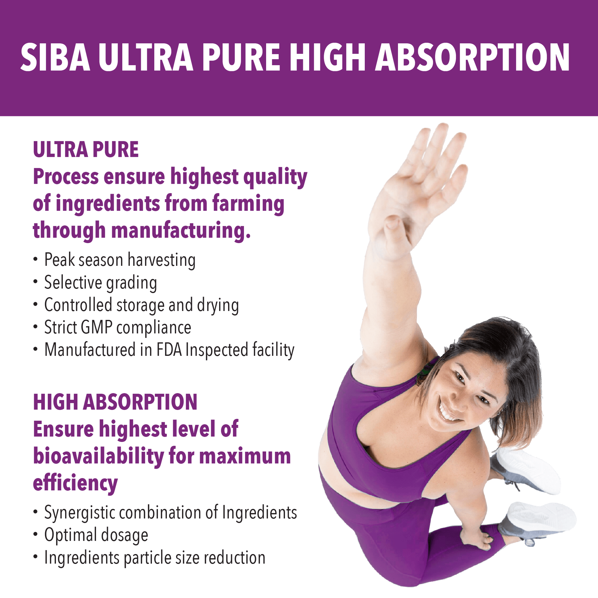 Person in purple athletic wear performing a yoga pose with SIBA Ultra Pure High Absorption text above.