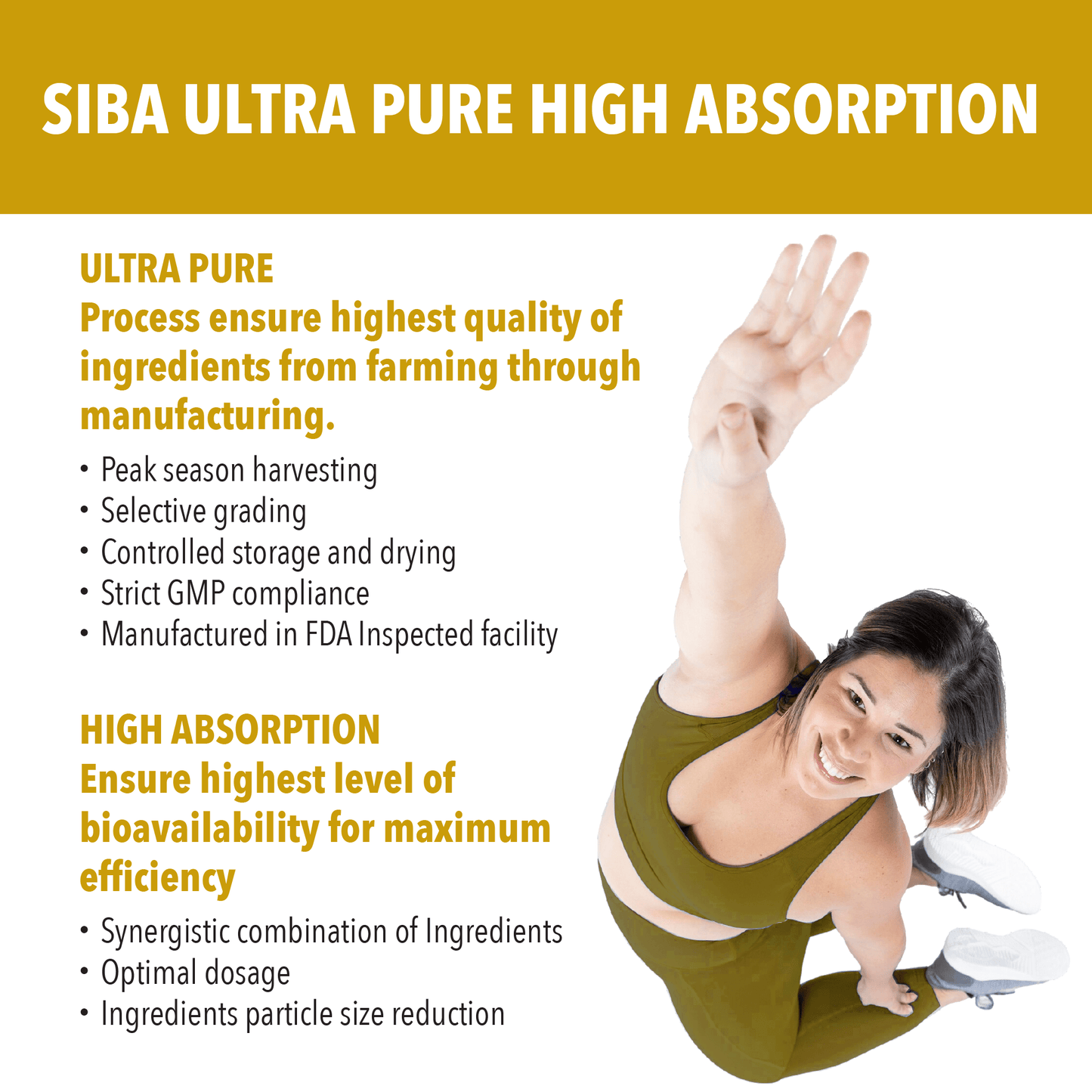 Person in green outfit with text about SIBA Ultra Pure High Absorption product