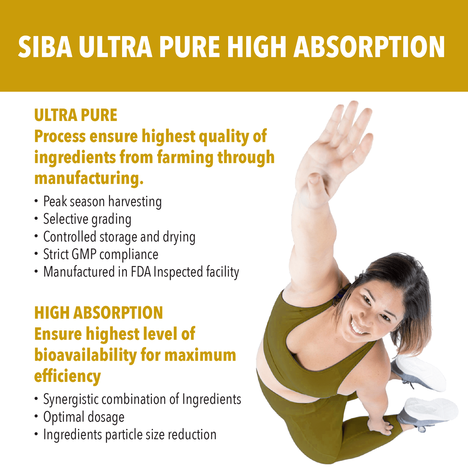 Person in green outfit with text about SIBA Ultra Pure High Absorption product