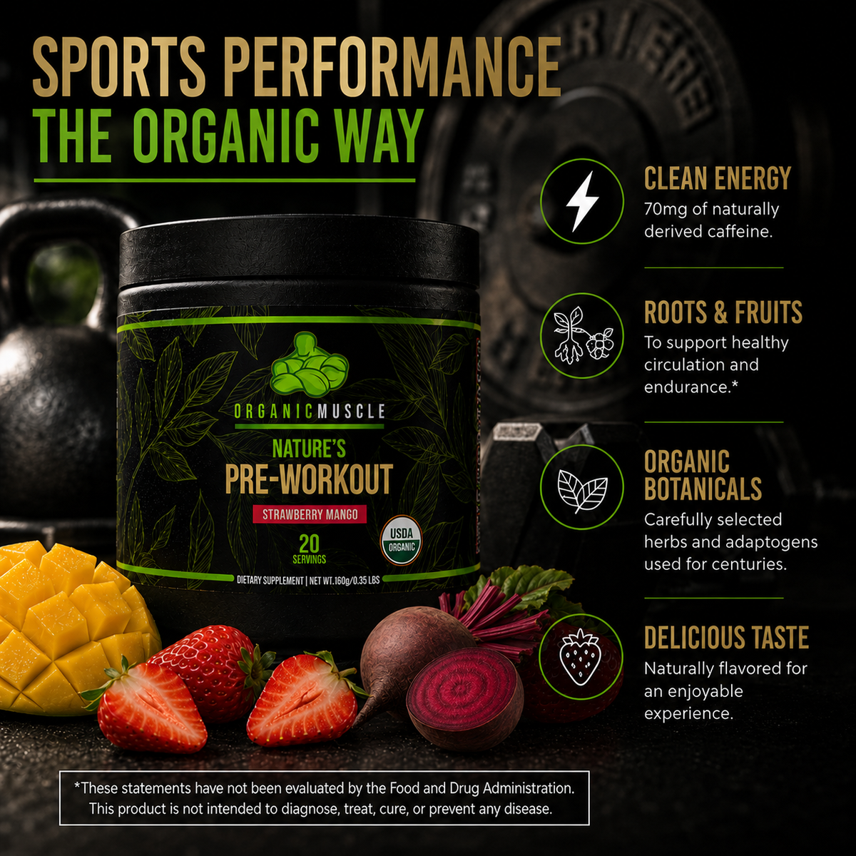 Organic Muscle Pre-Workout, Strawberry Mango, 20 Servings