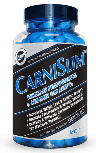 Supplement bottle labeled 'Carnislim' with blue capsules on a white background