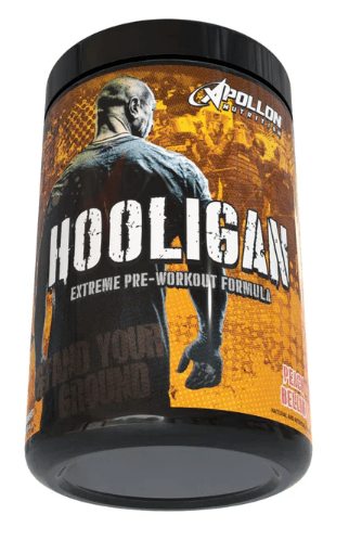 Pre-workout supplement container labeled 'Hooligan' by Apollon Nutrition on a white background.
