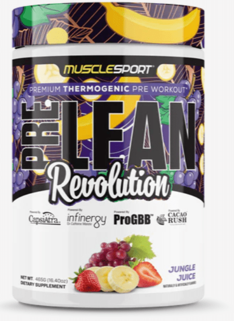 Pre workout supplement container labeled 'Pre Clean Revolution' with colorful design and fruit illustration.