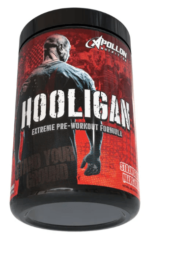 Pre-workout supplement container with 'Hooligan' branding on a white background