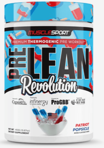 Pre workout supplement container with colorful design and text on a white background