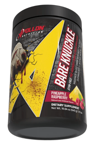 Dietary supplement container labeled 'Bare Knuckle' with a pineapple and raspberry flavor on a white background.