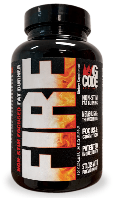 Black supplement bottle with red and white label on a white background