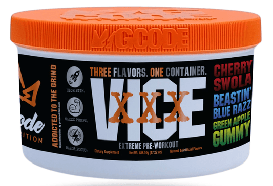 Vice Xxex Extreme Pre-Workout container with orange lid on a white background