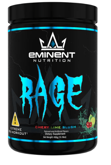Eminent Nutrition Rage supplement container with blue text on a black background