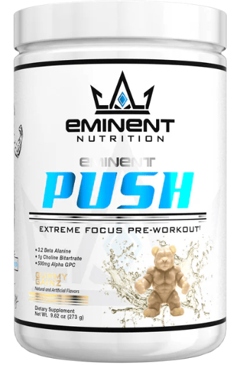 Eminent Nutrition Push pre-workout supplement container with bear illustration