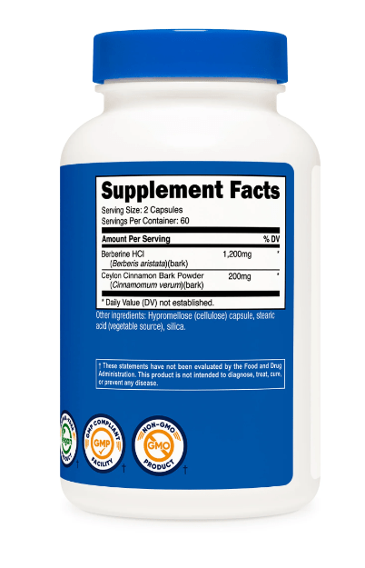 Supplement bottle with blue label showing 'Supplement Facts' on a white background