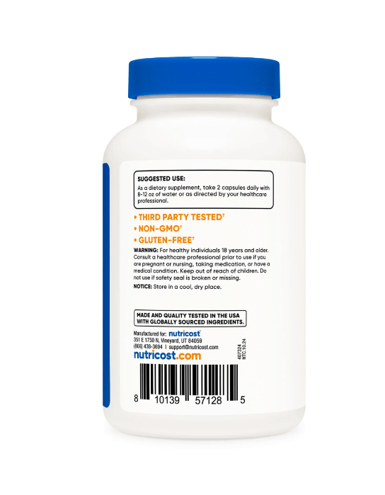 Nutritional supplement bottle with blue cap and white label on a white background