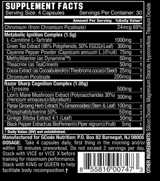 Supplement label with detailed ingredient list and nutritional information.