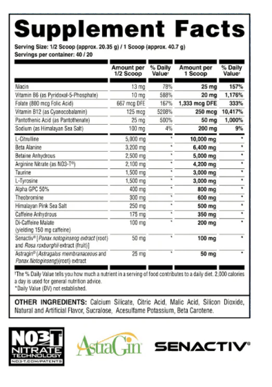 Supplement facts label with various nutrients and branding at the bottom