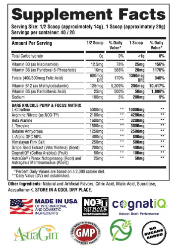 Supplement label with detailed nutritional information and branding logos.