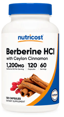 Nutricost Berberine HCl with Ceylon Cinnamon supplement bottle on a white background