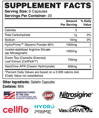 Supplement facts label with various ingredients and their amounts on a white background