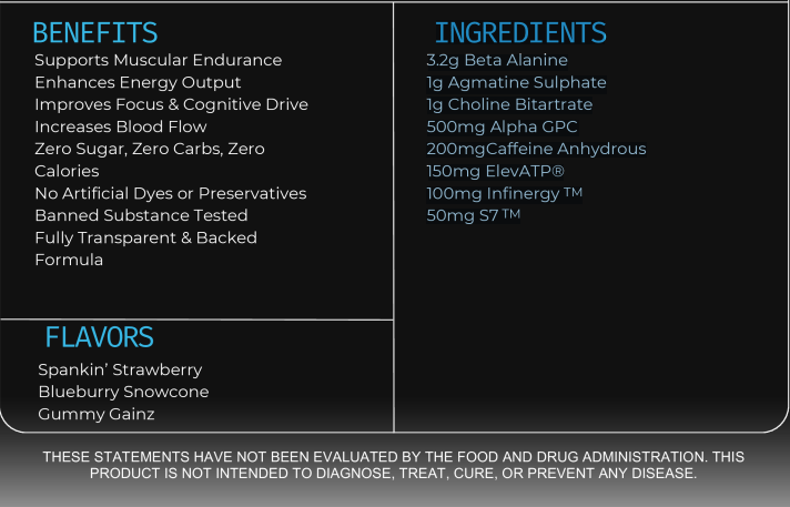 Product label with benefits, ingredients, flavors, and disclaimer text on a black background.