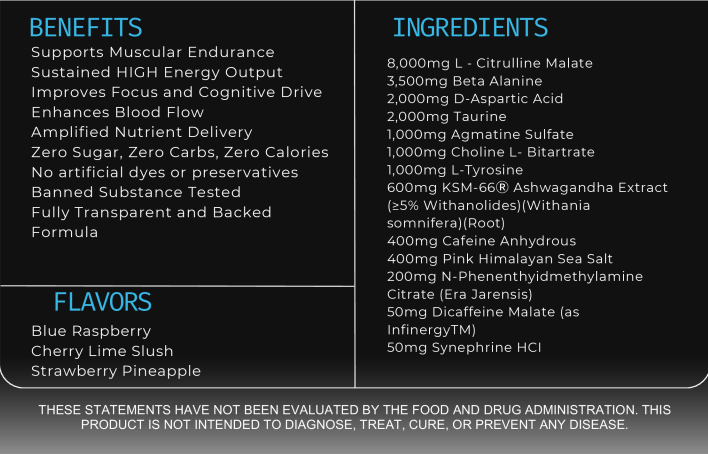 Product label with benefits, ingredients, flavors, and免责声明 on a black background