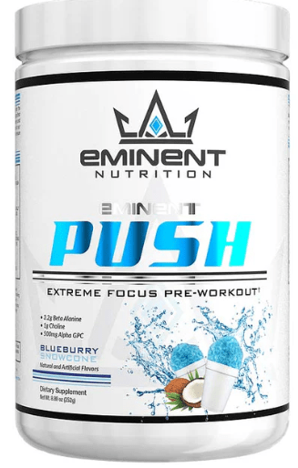 Eminent Nutrition Push pre-workout supplement container with blue and white design.