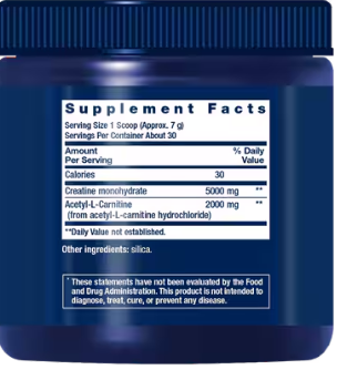 Life Extension Creatine & Acetyl-L-Carnitine Energy Plus – supplement facts panel, 5g Creatine & 2g ALCAR