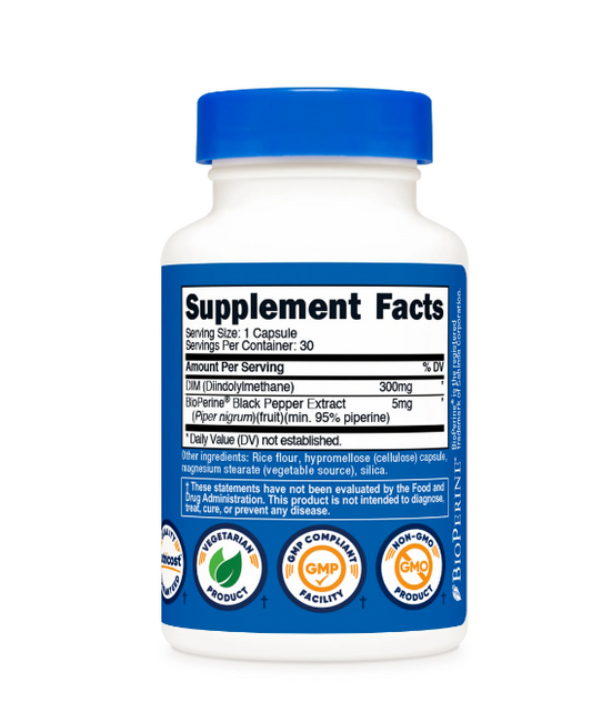 Supplement bottle with blue cap and label displaying 'Supplement Facts' on a white background
