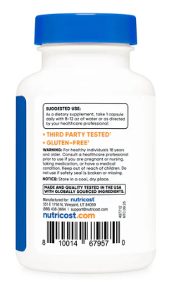 Nutritional supplement bottle with blue cap and white label on a white background