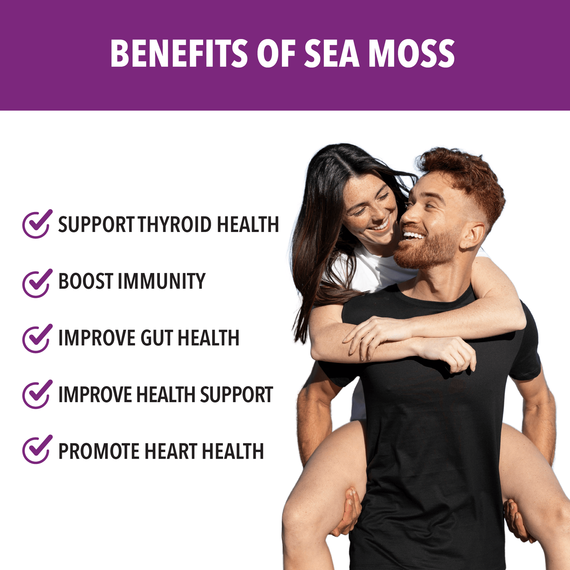 Man and woman hugging with text listing benefits of sea moss on a white background