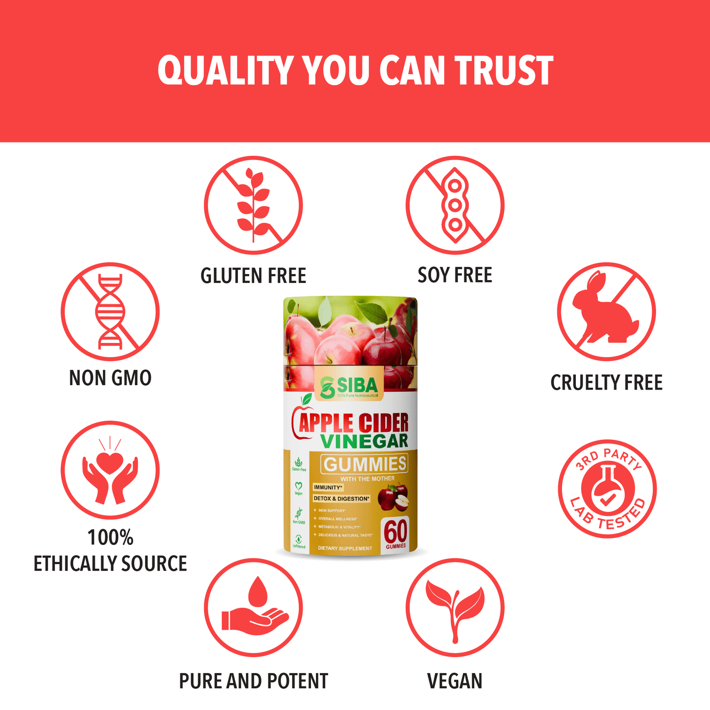 SIBA Apple Cider Vinegar Gummies packaging with quality certification icons on a white background.