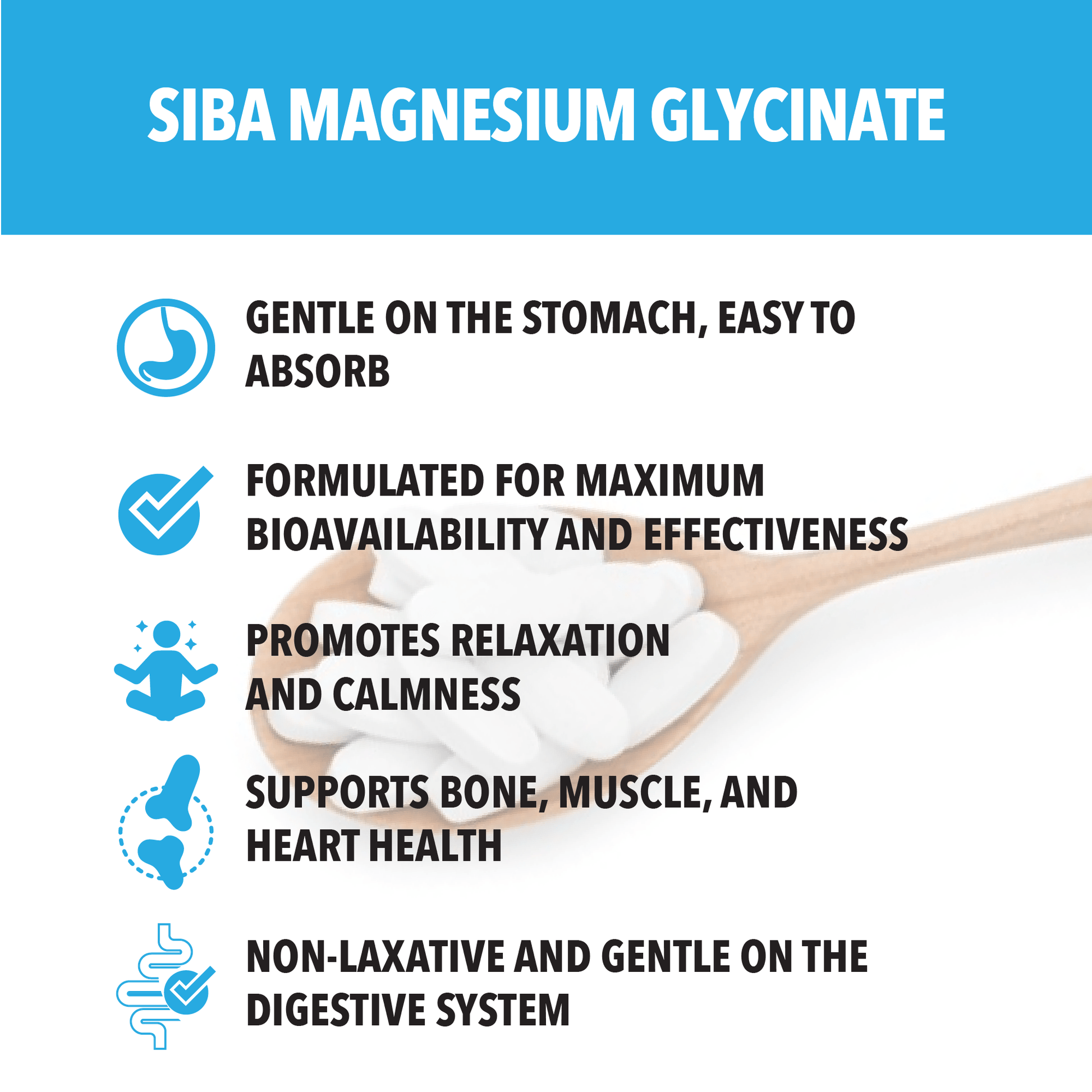 SIBA MAGNESIUM GLYCINATE product with text highlighting its benefits on a white background.