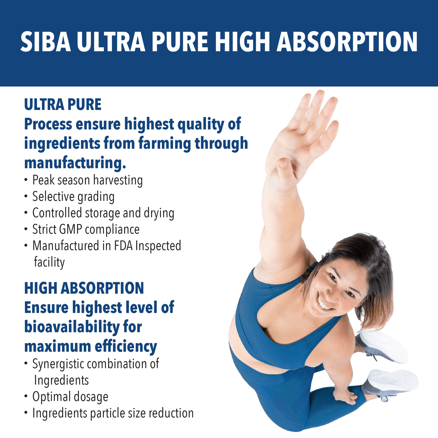 Advertisement for SIBA Ultra Pure High Absorption product with a woman in a blue outfit.