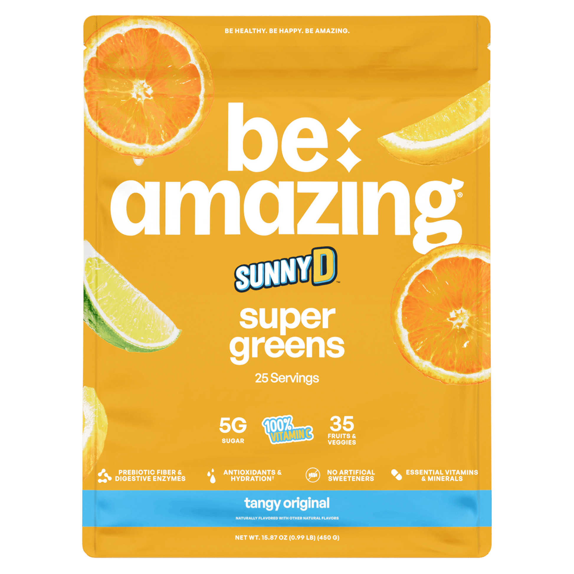 Sunny D Super Greens package with oranges and lime on a yellow background