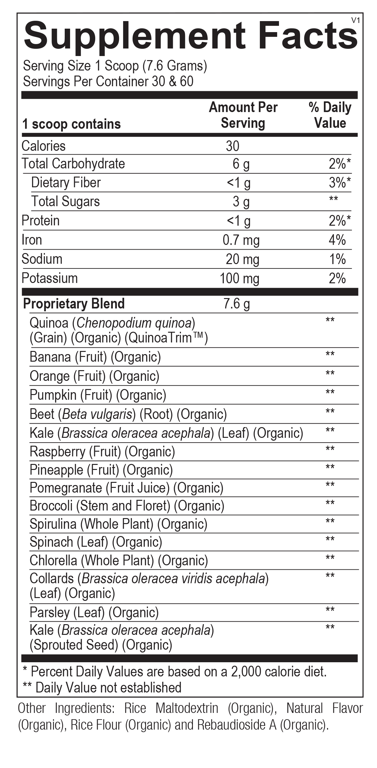 Supplement facts label with detailed nutritional information on a white background