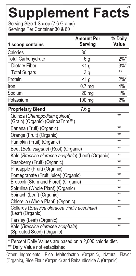 Supplement facts label with detailed nutritional information on a white background