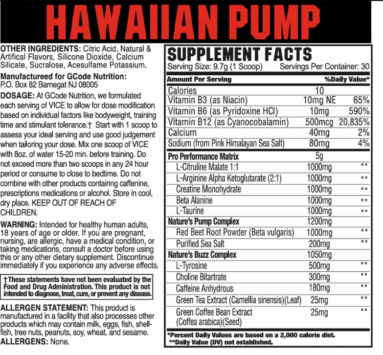 Supplement label for Hawaiian Pump with detailed nutritional information and ingredients.