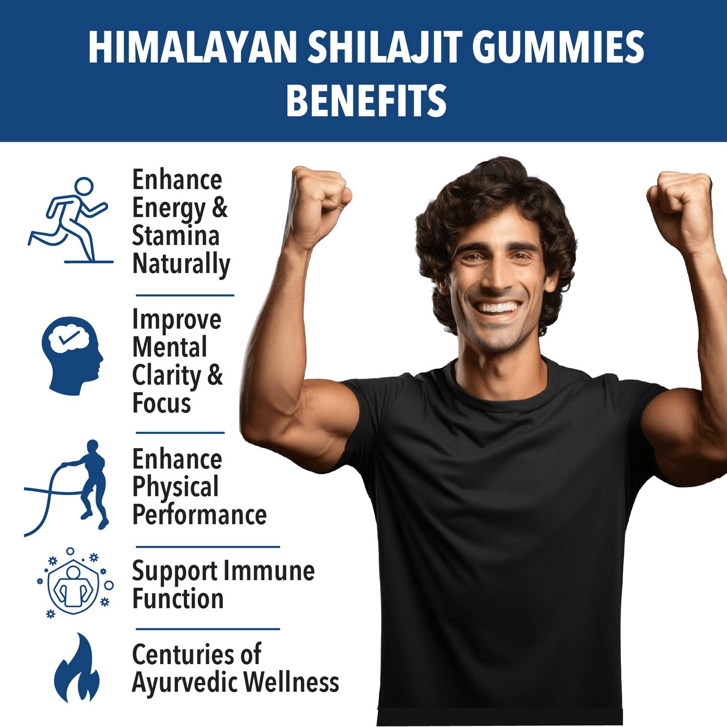 Man flexing muscles with Himalayan Shilajit Gummies benefits listed on a blue and white background