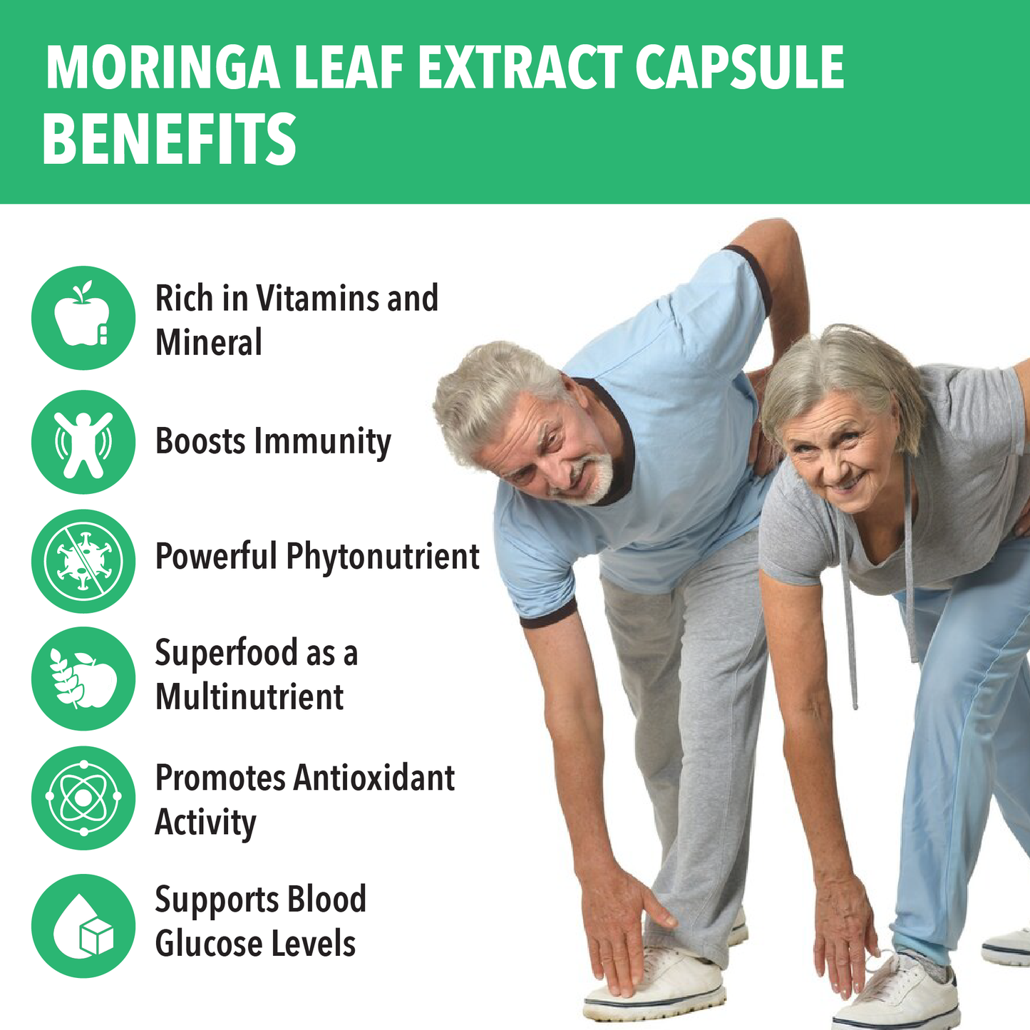 Moringa leaf extract capsule benefits with an elderly couple exercising on a white background