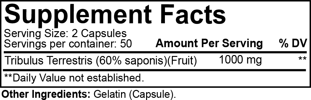 A close-up of a supplement facts label with a dark green background and black text. The label shows serving size 2 capsules, 50 servings per container, and Tribulus Terrestris 1000 mg, with other ingredients listed as Gelatin (Capsule).